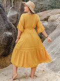 Plus Size Notched Tie Waist Half Sleeve Midi Dress - Trendsi - Flyclothing LLC