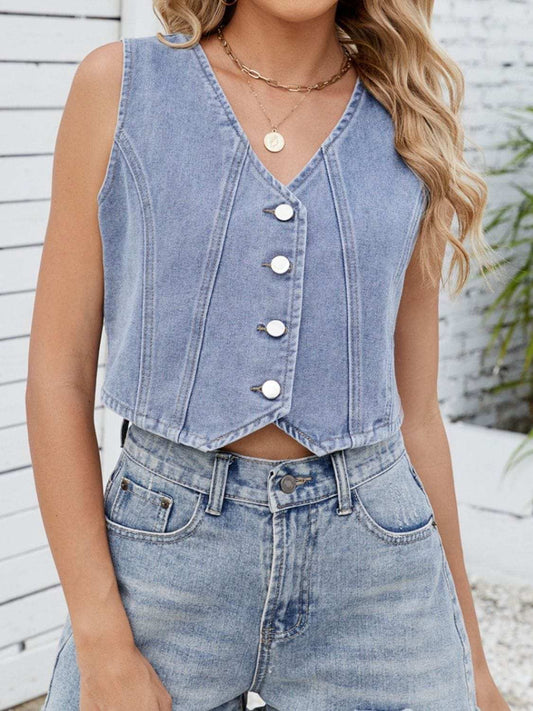 V-Neck Button Down Denim Vest - Trendsi - Flyclothing LLC
