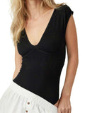 V-Neck Cap Sleeve Bodysuit - Trendsi - Flyclothing LLC
