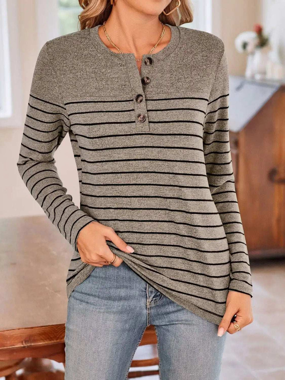 Lovelet Quarter Button Striped Round Neck Long Sleeve T-Shirt - Trendsi - Flyclothing LLC