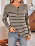 Lovelet Quarter Button Striped Round Neck Long Sleeve T-Shirt - Trendsi - Flyclothing LLC