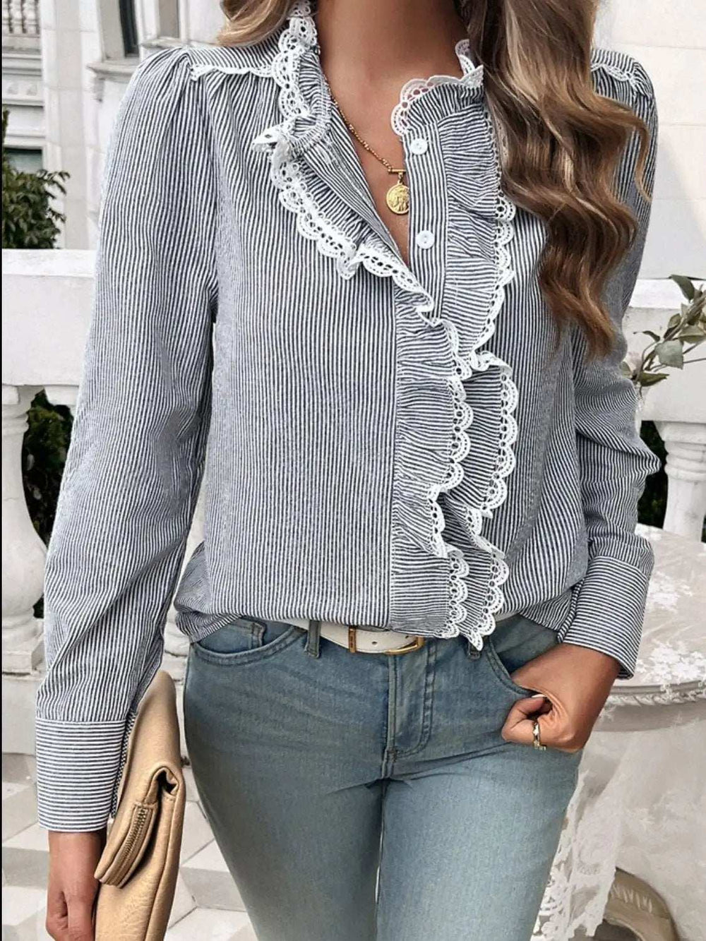 Lace Detail Ruffled Round Neck Long Sleeve Shirt - Trendsi - Flyclothing LLC