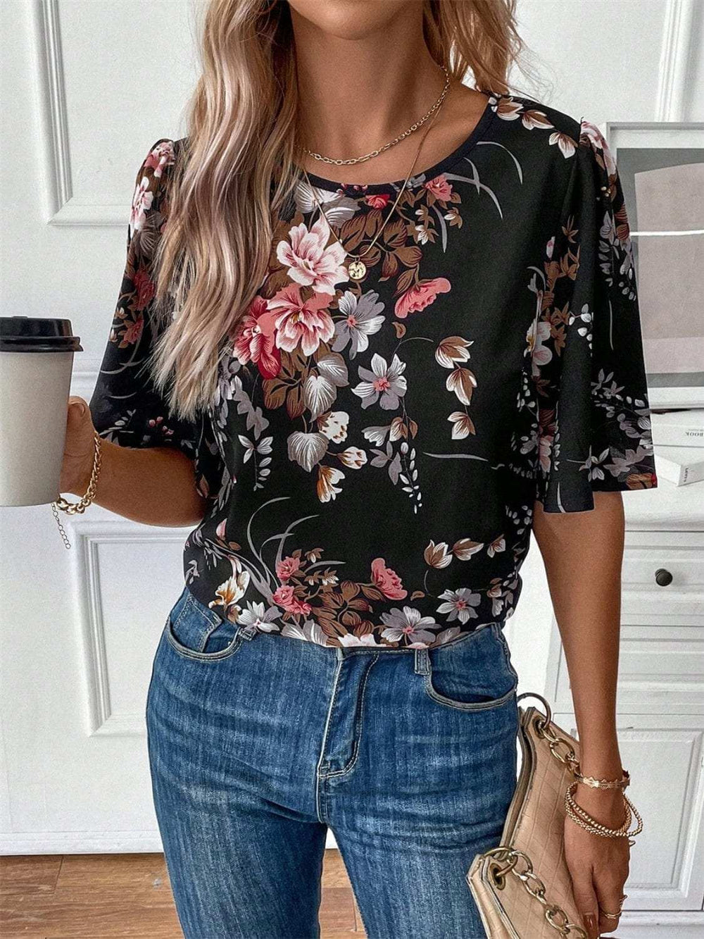 Floral Round Neck Half Sleeve Blouse - Trendsi - Flyclothing LLC