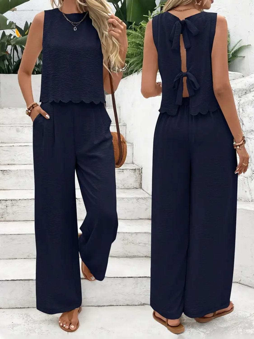Tie Back Round Neck Top and Pants Set - Trendsi - Flyclothing LLC