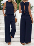 Tie Back Round Neck Top and Pants Set - Trendsi - Flyclothing LLC