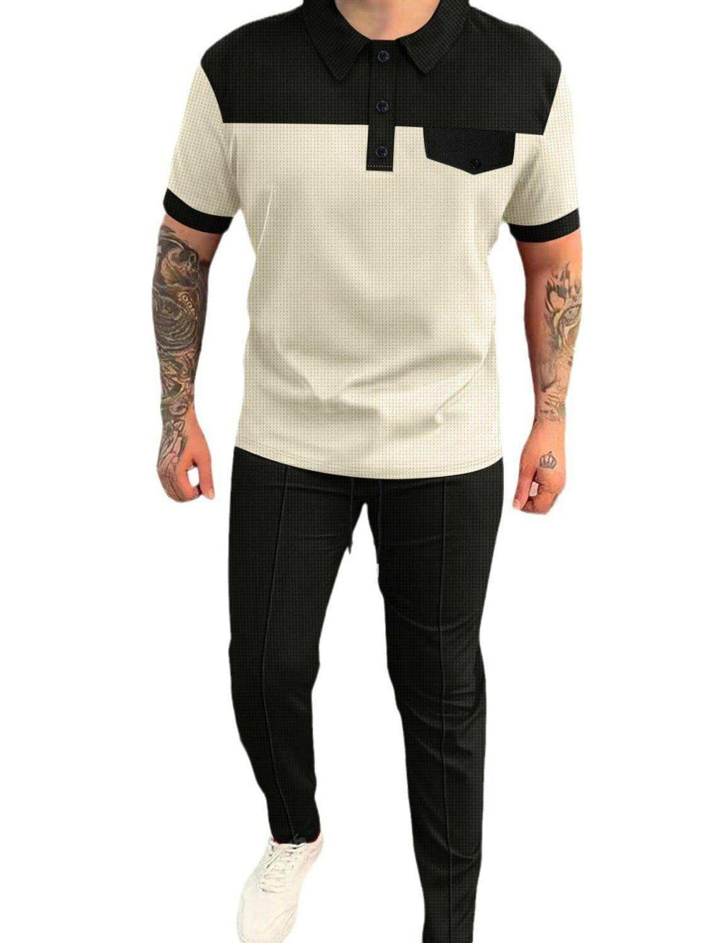 Men‘s Full Size Waffle-Knit Contrast Top and Pants Set Plus Size - Trendsi - Flyclothing LLC
