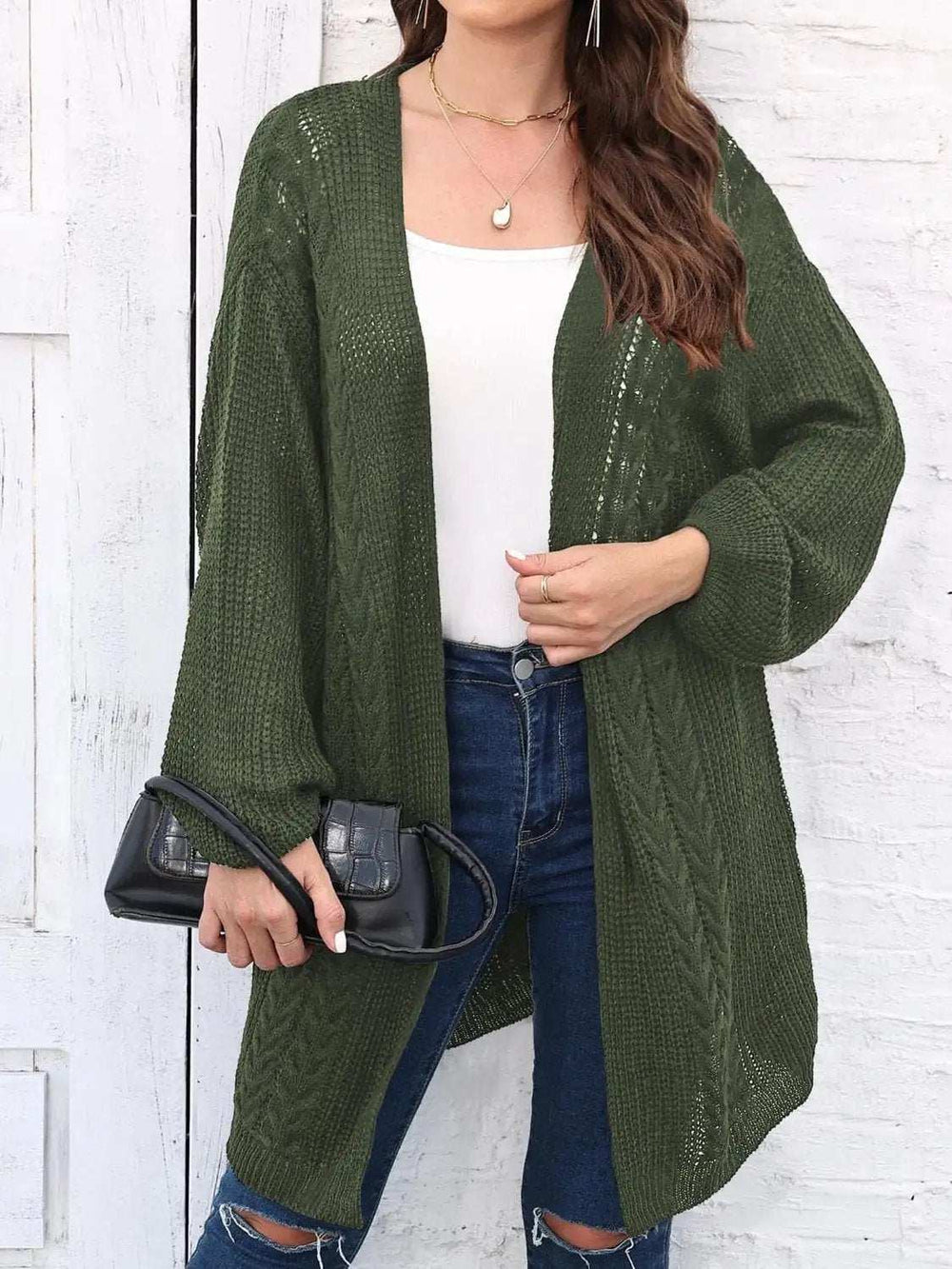 Cable-Knit Open Front Long Sleeve Cardigan - Trendsi - Flyclothing LLC