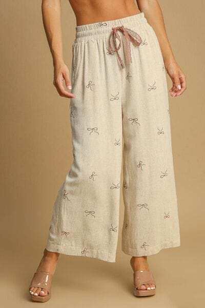 Umgee Full Size Lace Drawstring Embroidered Bow Wide Leg Pants Plus Size - Trendsi - Flyclothing LLC