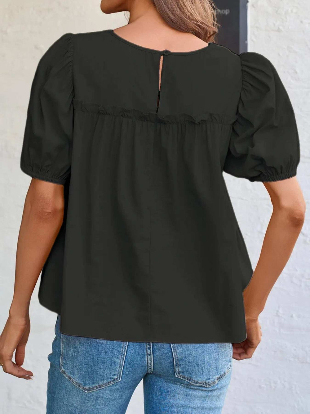 Round Neck Puff Sleeve Tiered Blouse - Trendsi - Flyclothing LLC