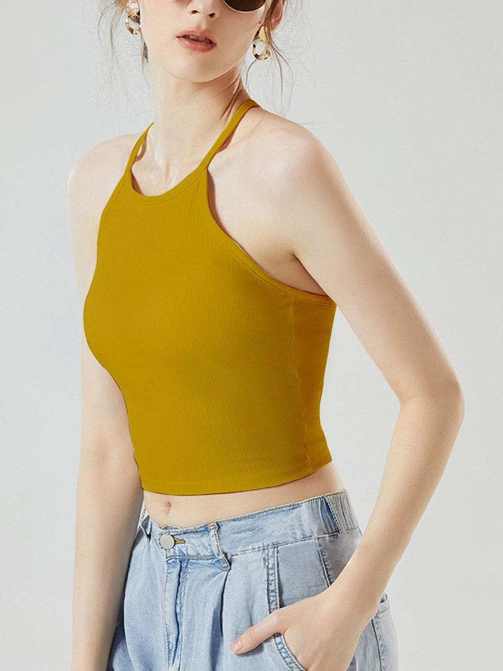 Grecian Neck Cropped Tank with Chest Pads - Trendsi - Flyclothing LLC