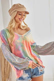 BiBi V Neck Tie Dye French Terry Top with Shiny - Trendsi - Flyclothing LLC