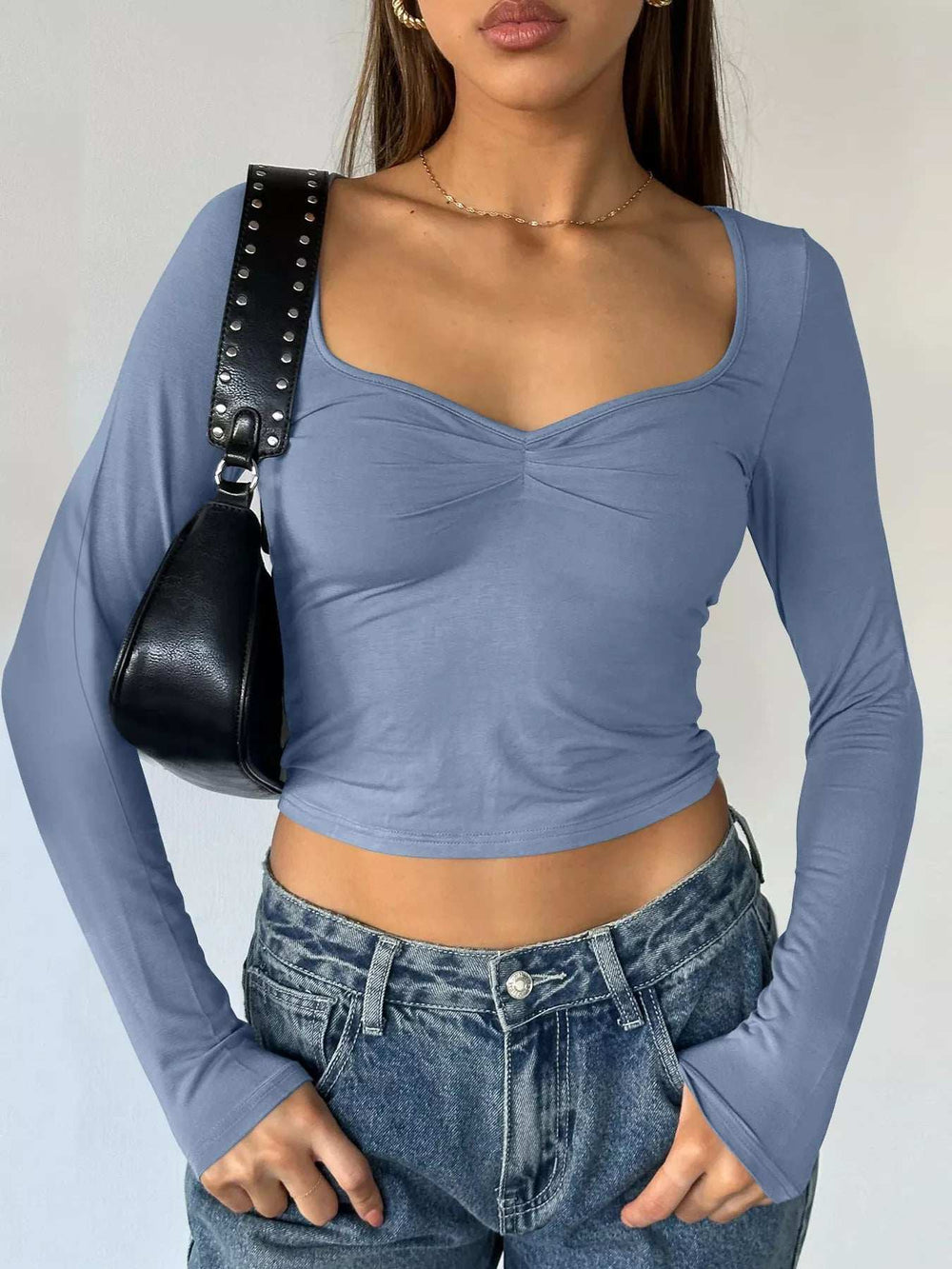 Long Sleeve Sweetheart Neck Crop T-Shirt - Trendsi - Flyclothing LLC
