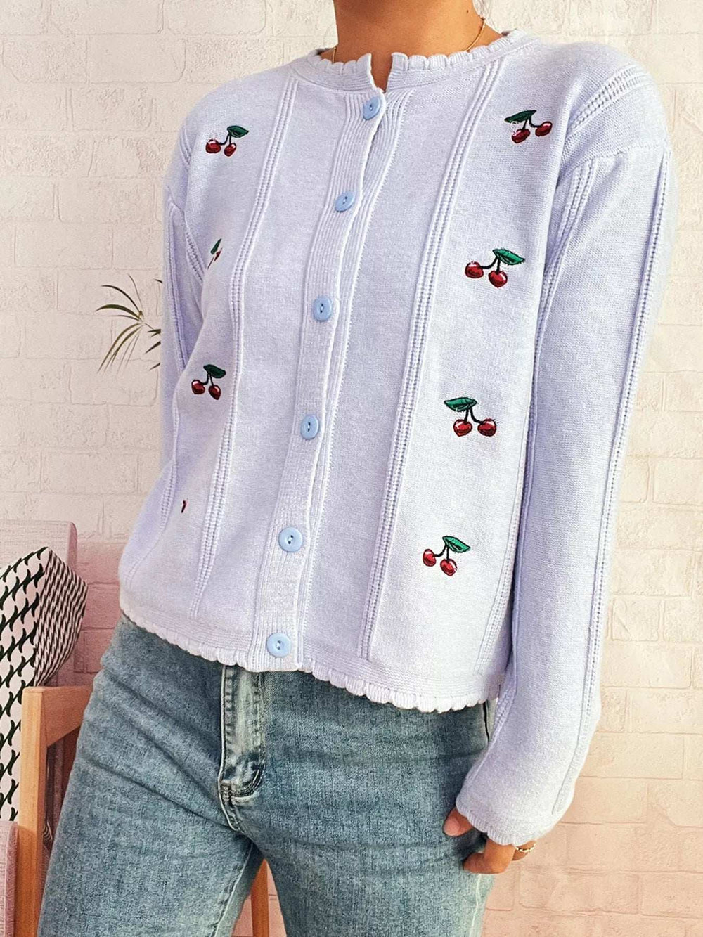 Cherry Embroidered Button Up Cardigan - Trendsi - Flyclothing LLC