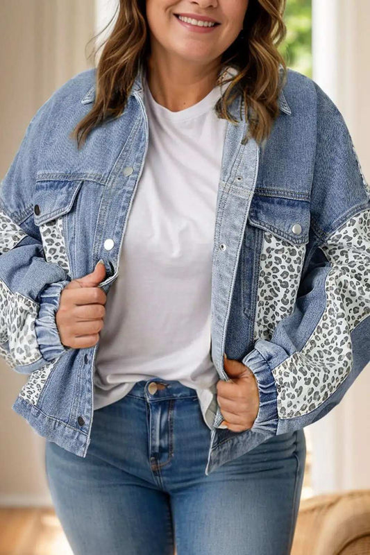 Plus Size Leopard Long Sleeve Denim Jacket - Trendsi - Flyclothing LLC