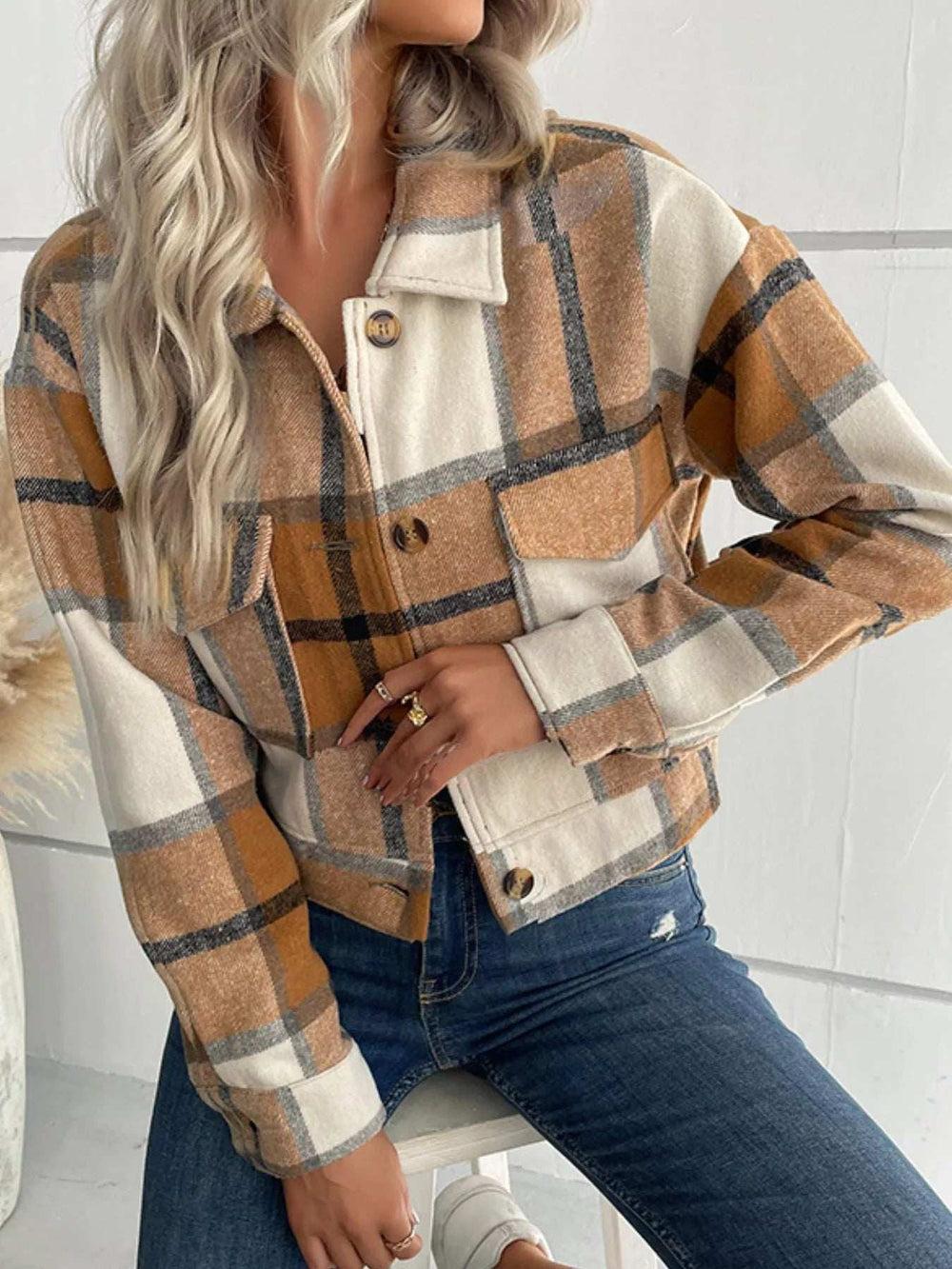 Plaid Button-Down Crop Jacket - Trendsi - Flyclothing LLC