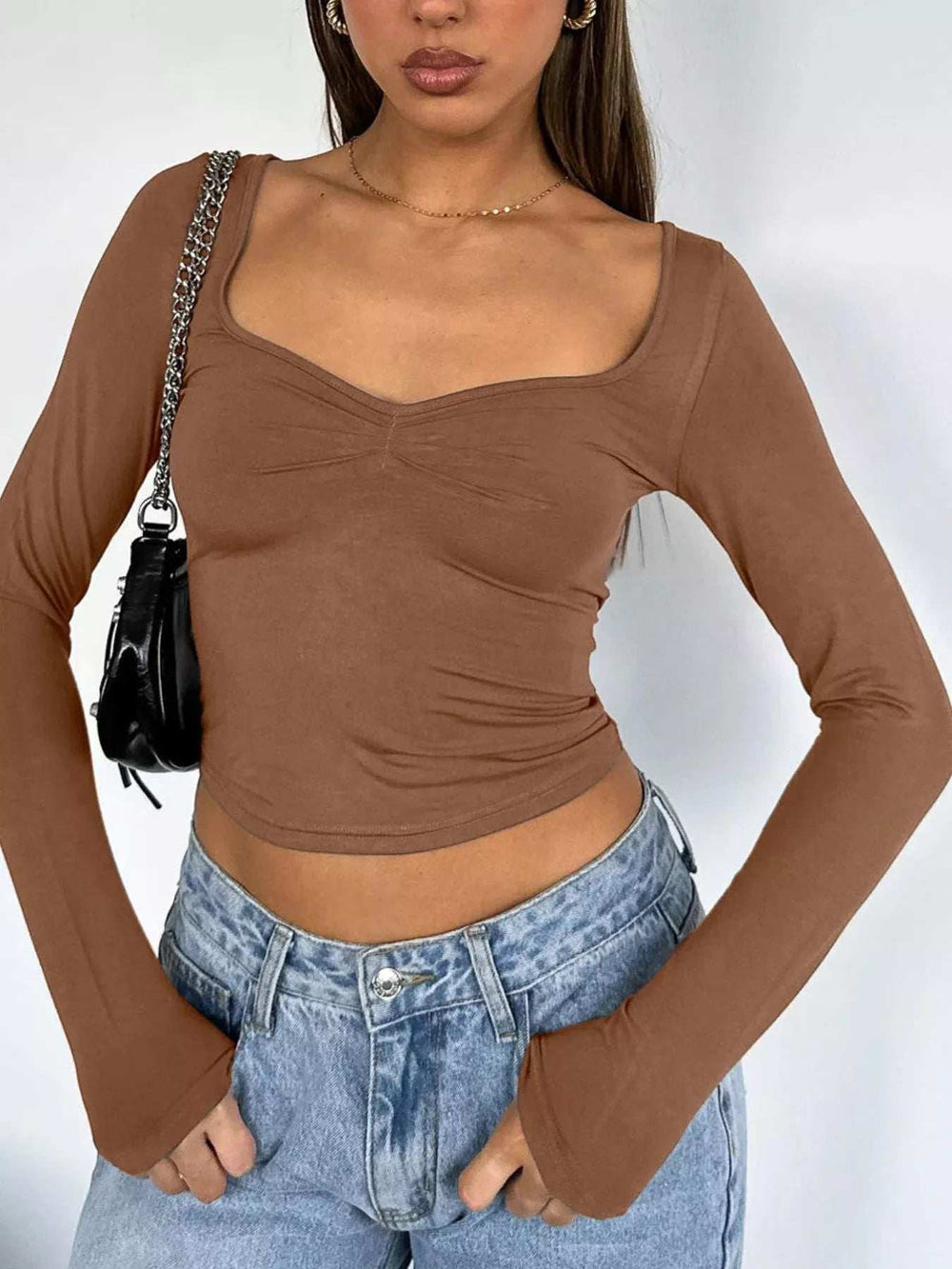 Long Sleeve Sweetheart Neck Crop T-Shirt - Trendsi - Flyclothing LLC