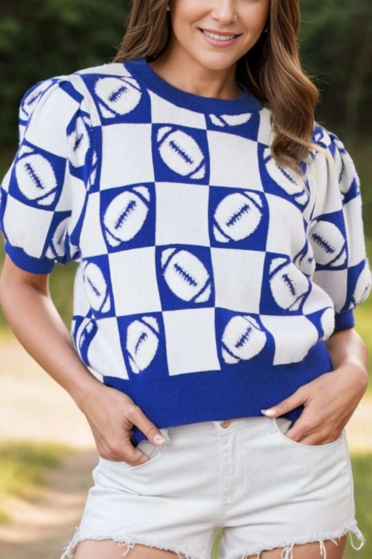 Football Round Neck Short Sleeve Sweater - Trendsi - Flyclothing LLC