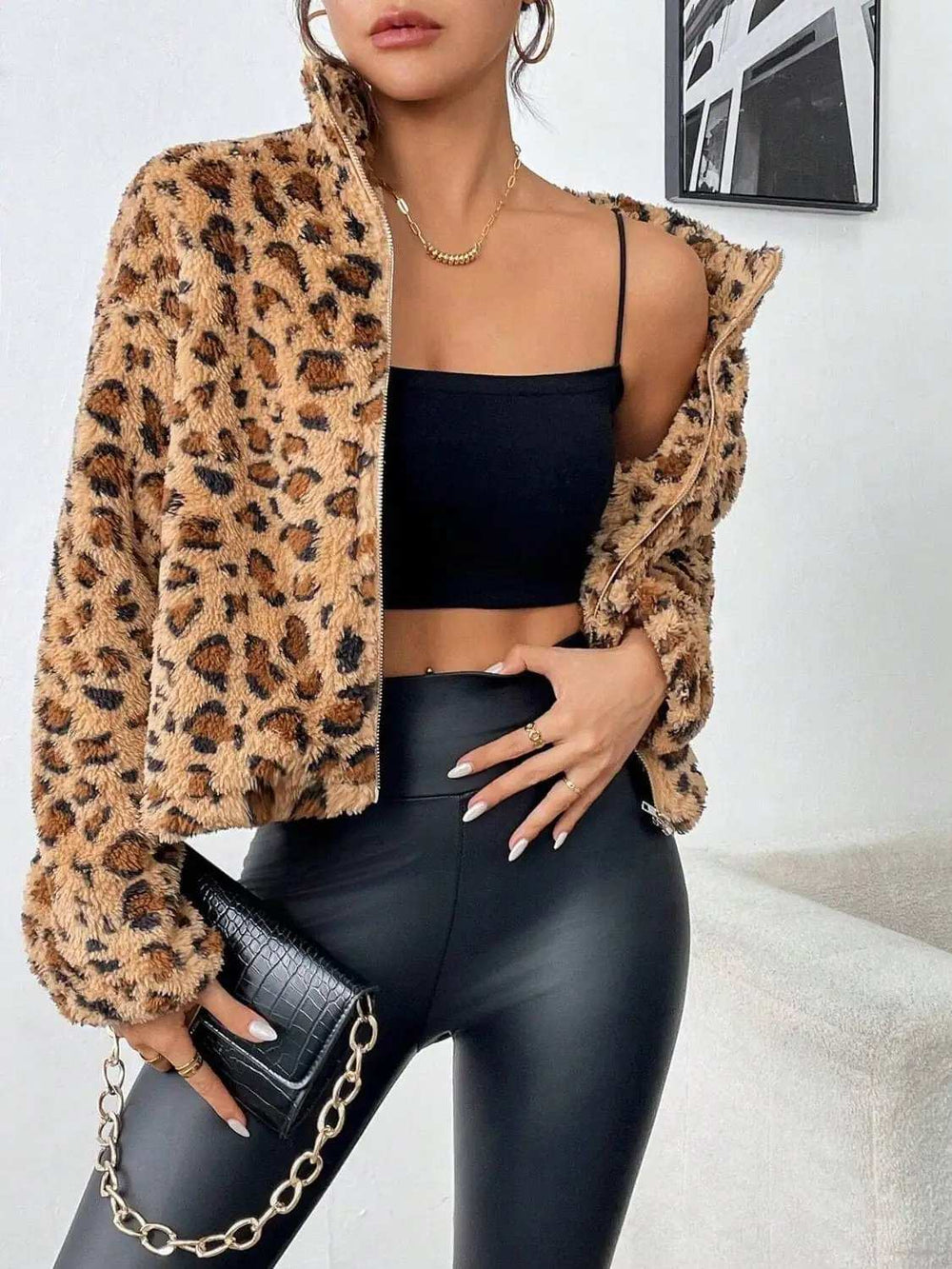 Fuzzy Turtleneck Leopard Zip Up Jacket - Trendsi - Flyclothing LLC