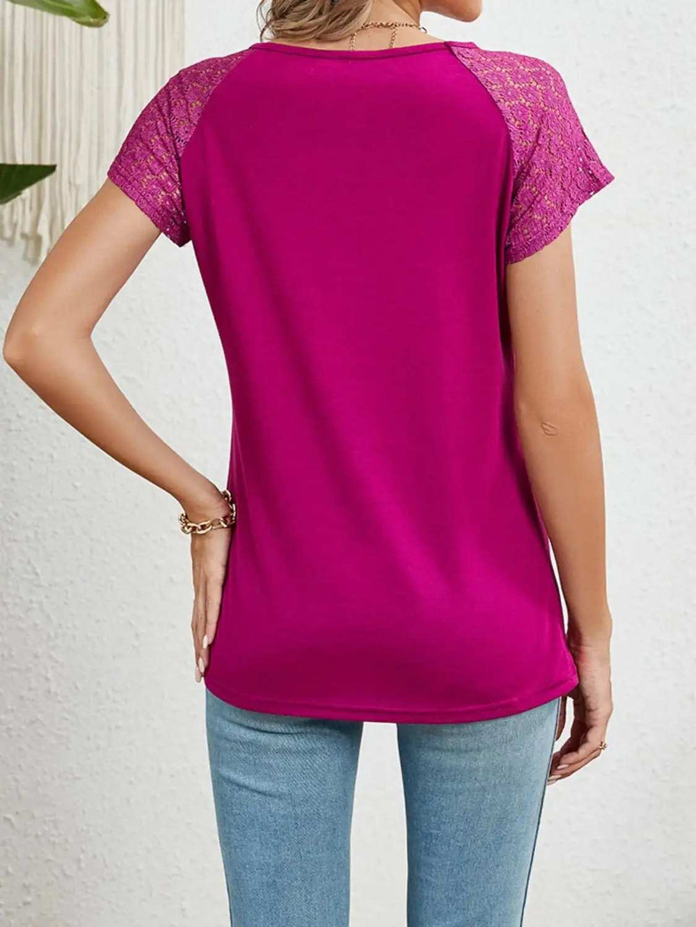 Round Neck Lace Short Sleeve Top - Trendsi - Flyclothing LLC