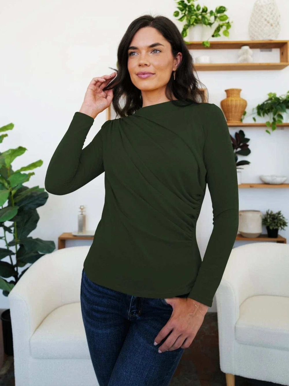 Ruched Mock Neck Long Sleeve T-Shirt - Trendsi - Flyclothing LLC