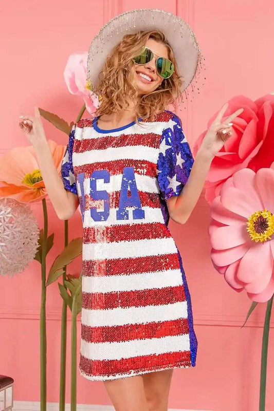 BiBi American Flag Theme Usa Print Sequin Dress - Trendsi - Flyclothing LLC