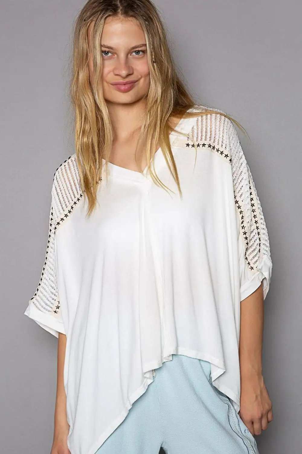 POL Oversize V-Neck Crochet Lace Contrast Studded Top - Trendsi - Flyclothing LLC