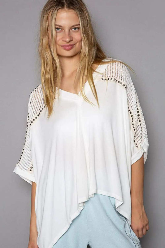 POL Oversize V-Neck Crochet Lace Contrast Studded Top - Trendsi - Flyclothing LLC