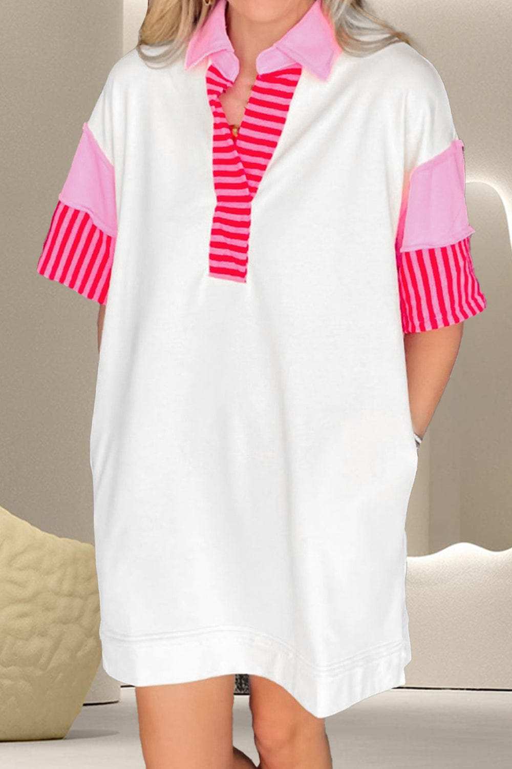 Color Block Johnny Collar Half Sleeve Dress - Trendsi - Flyclothing LLC