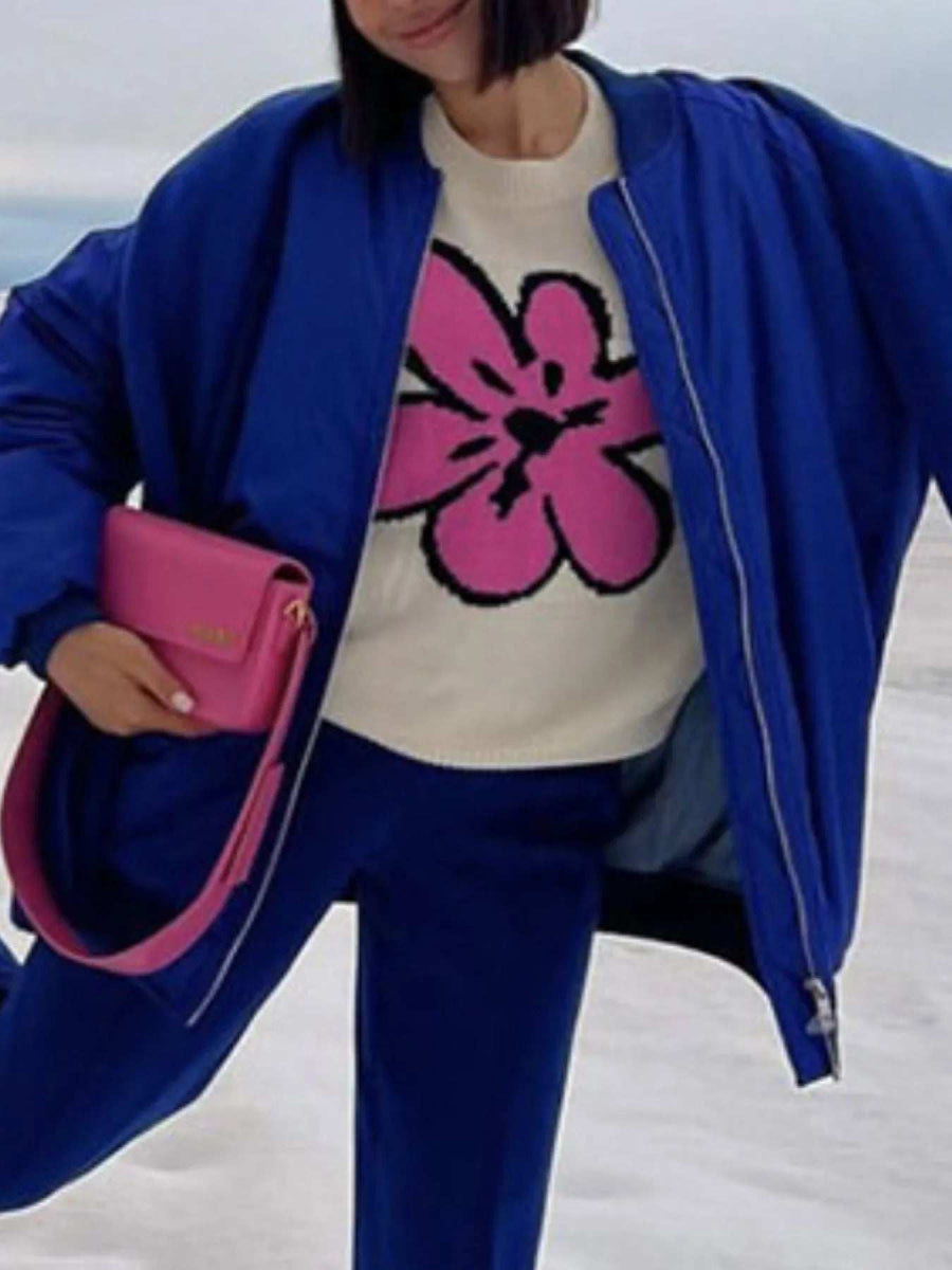 Flower Ribbed Hem Round Neck Sweater - Trendsi - Flyclothing LLC