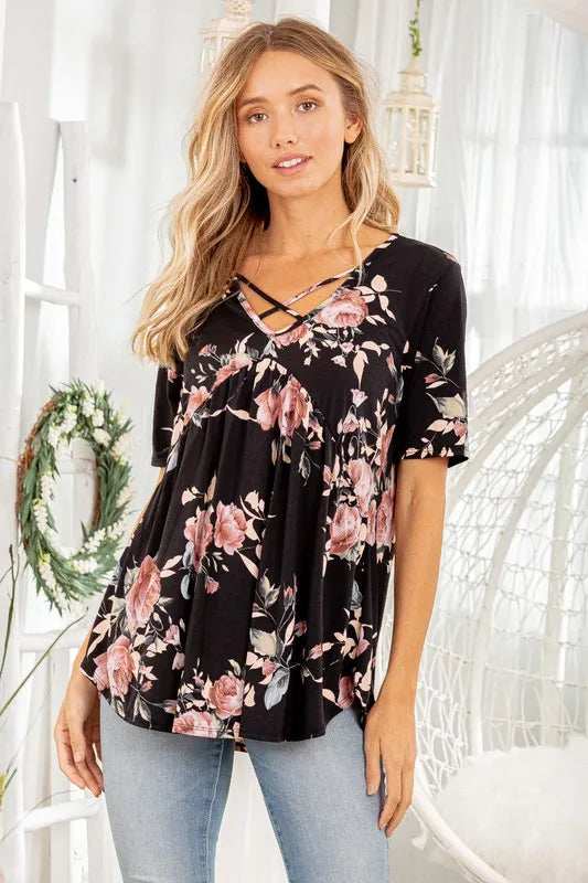 Heimish Full Size Crisscross Neck Floral Babydoll Top Plus Size - Trendsi - Flyclothing LLC