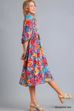 Umgee Full Size Floral Print Tie Neck Midi Dress with Pockets Plus Size - Trendsi - Flyclothing LLC