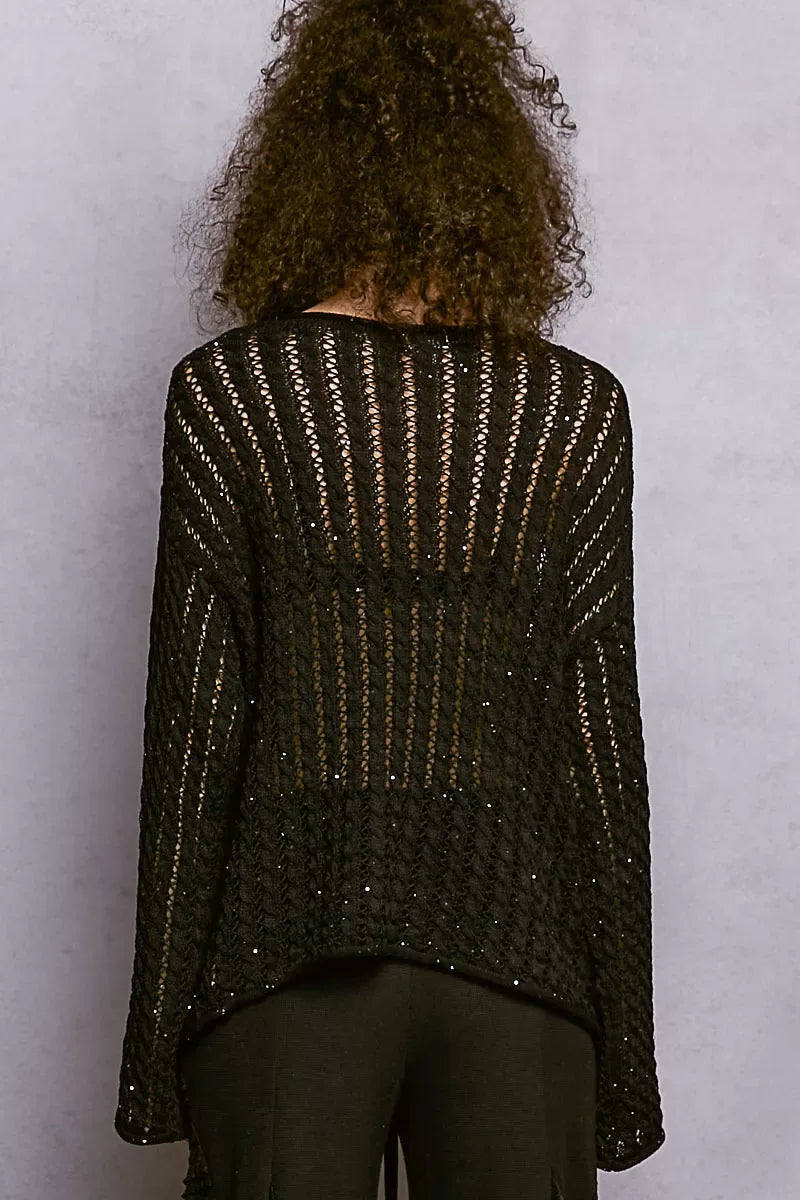 POL Openwork Round Neck Knit Top with Shiny Detail - Trendsi - Flyclothing LLC