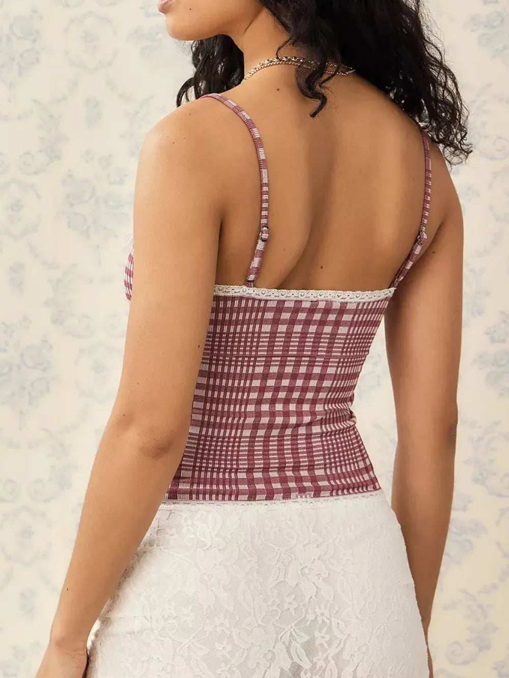 Lace Detail Plaid Square Neck Cami - Trendsi - Flyclothing LLC