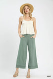 Umgee Linen Wide Leg Cropped Pants with Lace Trim - Trendsi - Flyclothing LLC