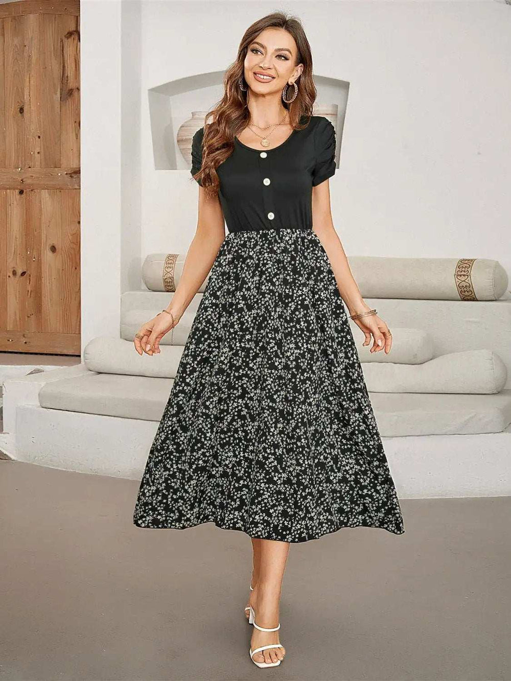 Printed Round Neck Short Sleeve Midi Dress - Trendsi - Flyclothing LLC