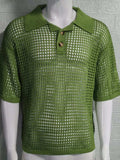 Men's Plus Size Openwork Collared Neck Quarter Button Knit Polo - Trendsi - Flyclothing LLC