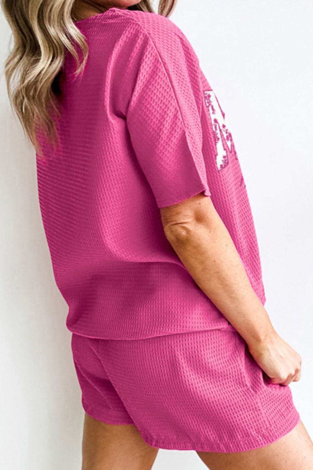 Waffle Sequin Floral MAMA Bow Graphic Top and Shorts Set - Trendsi - Flyclothing LLC