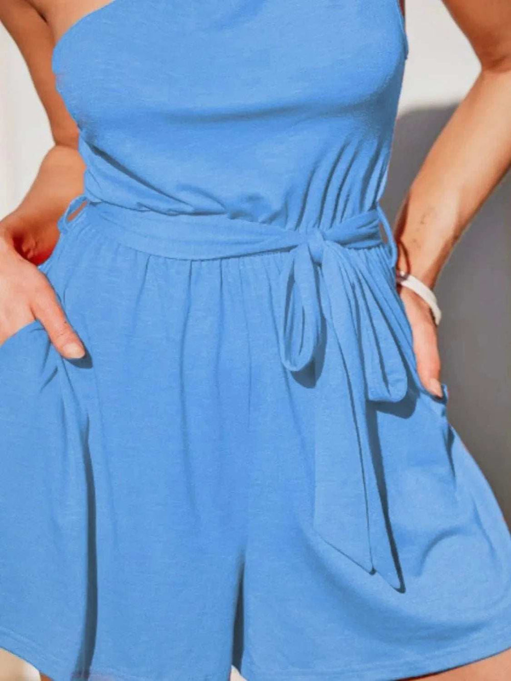 Single Shoulder Tie Waist Romper - Trendsi - Flyclothing LLC