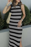 Slit Striped Round Neck Sleeveless Midi Dress - Trendsi - Flyclothing LLC
