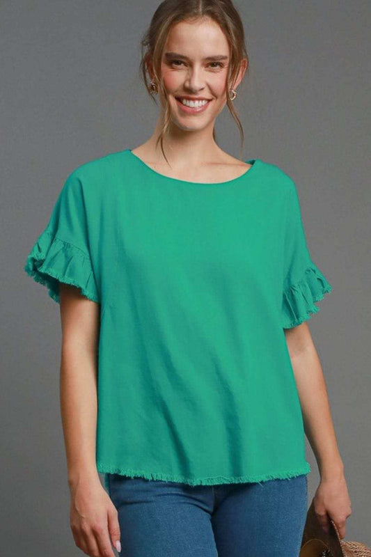 Umgee Full Size Raw Hem Ruffle Short Sleeve Blouse Plus Size - Trendsi - Flyclothing LLC
