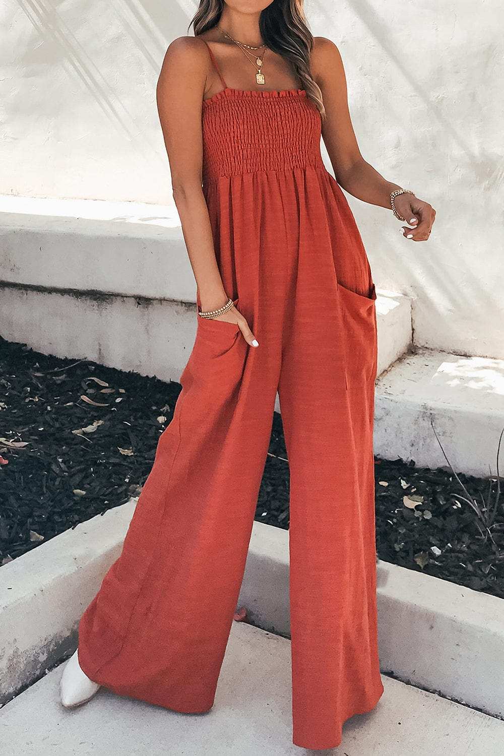Smocked Spaghetti Strap Wide Leg Jumpsuit - Trendsi - Flyclothing LLC