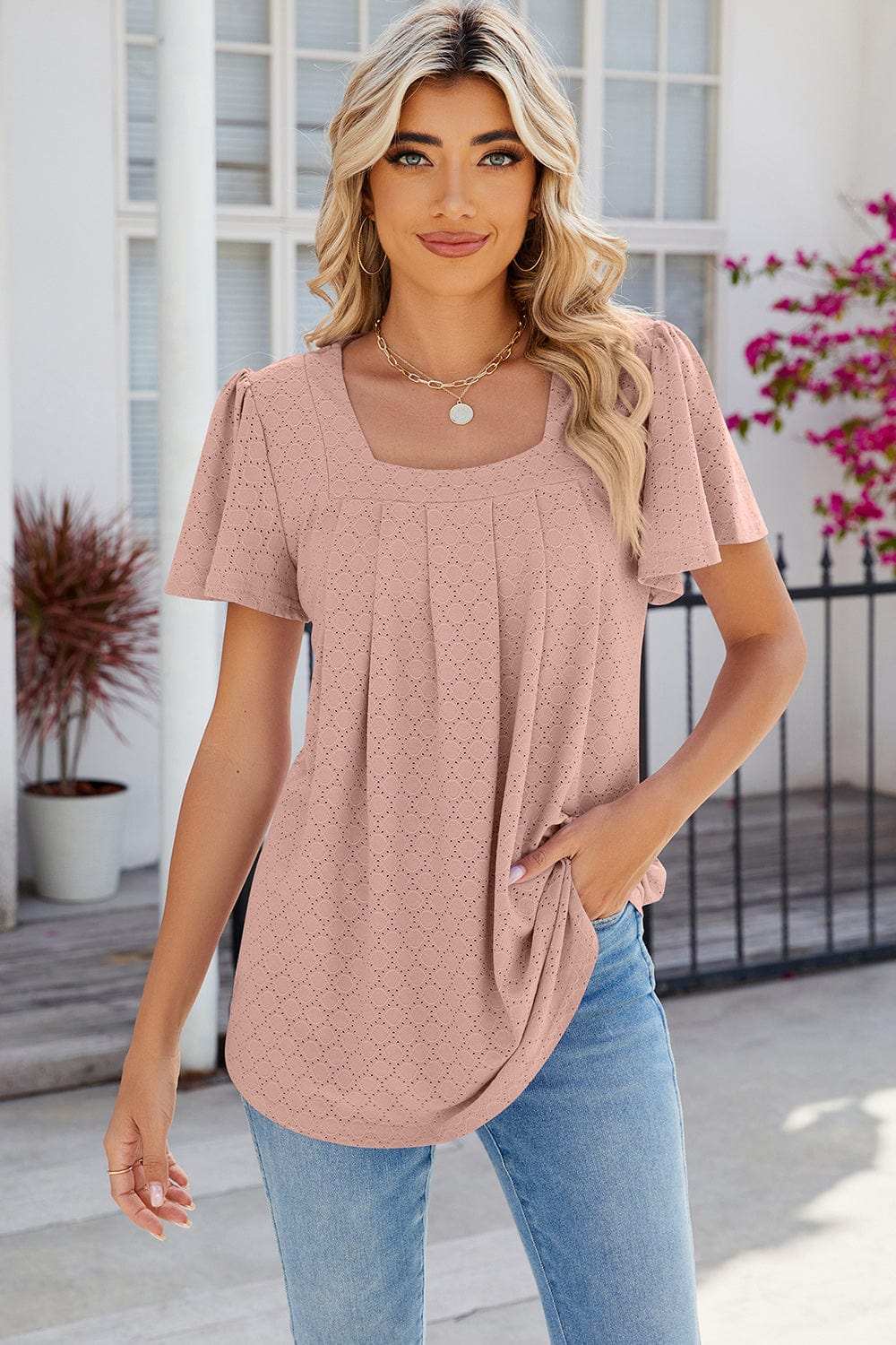 Eyelet Square Neck Flutter Sleeve Blouse - Trendsi - Flyclothing LLC