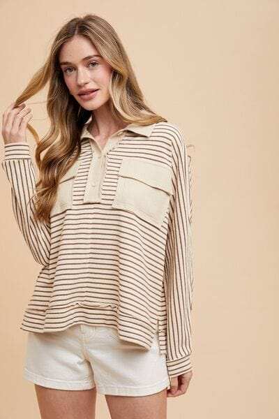 Annie Wear Striped Button Detail Long Sleeve Polo Top - Trendsi - Flyclothing LLC