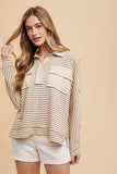 Annie Wear Striped Button Detail Long Sleeve Polo Top - Trendsi - Flyclothing LLC