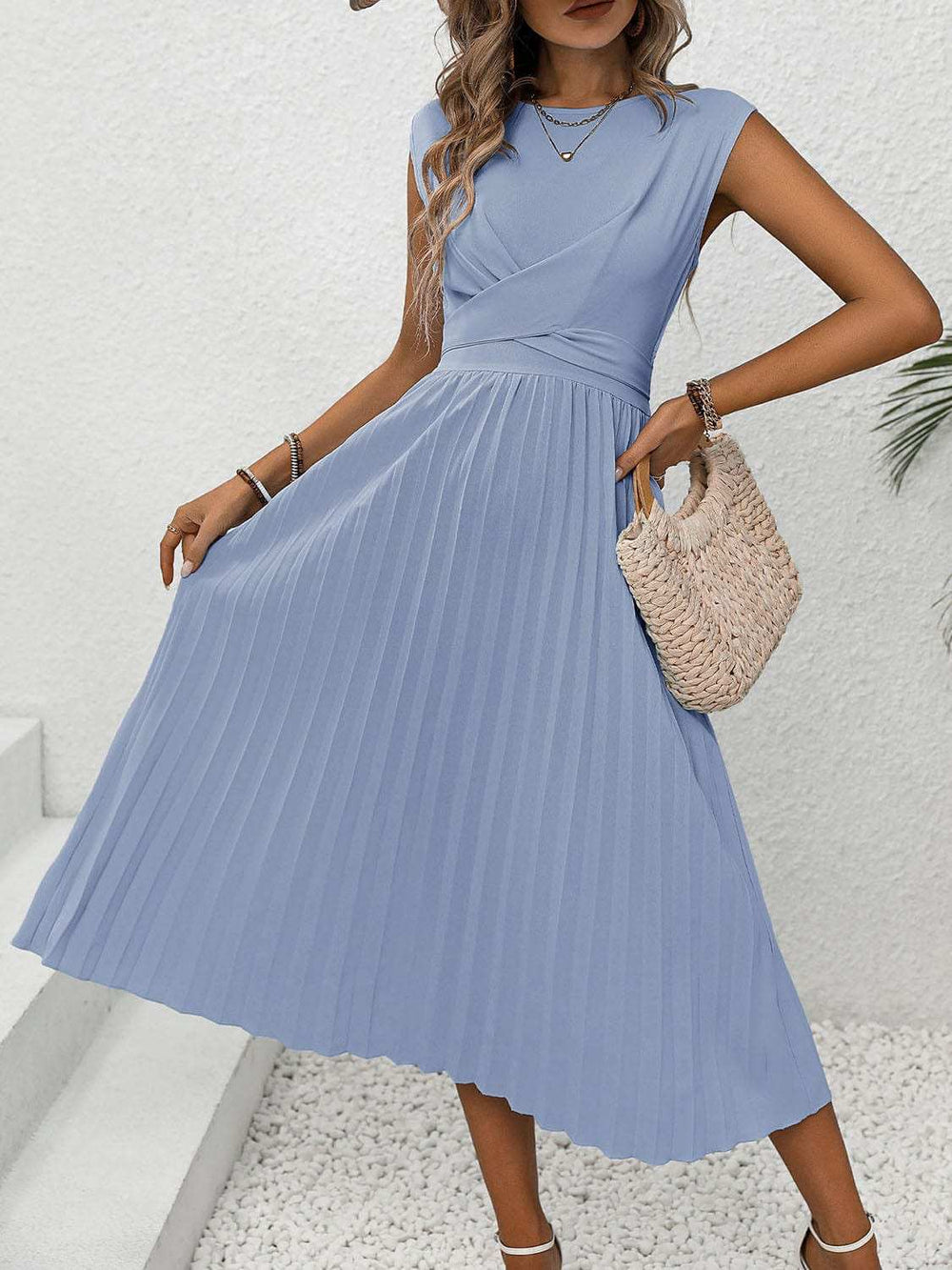 Pleated Round Neck Cap Sleeve Dress - Trendsi - Flyclothing LLC
