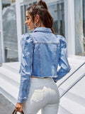 Button Down Raw Hem Cropped Denim Jacket - Trendsi - Flyclothing LLC
