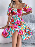 Ruffled Hem Smocked Floral Short Sleeve Midi Dress - Trendsi - Flyclothing LLC