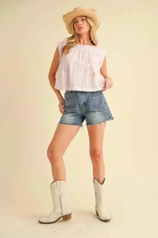 Aemi+Co Ruched Striped Round Neck Sleeveless Top - Trendsi - Flyclothing LLC