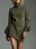 Full Size Suede Turtleneck Lantern Sleeve Mini Dress Plus Size - Trendsi - Flyclothing LLC