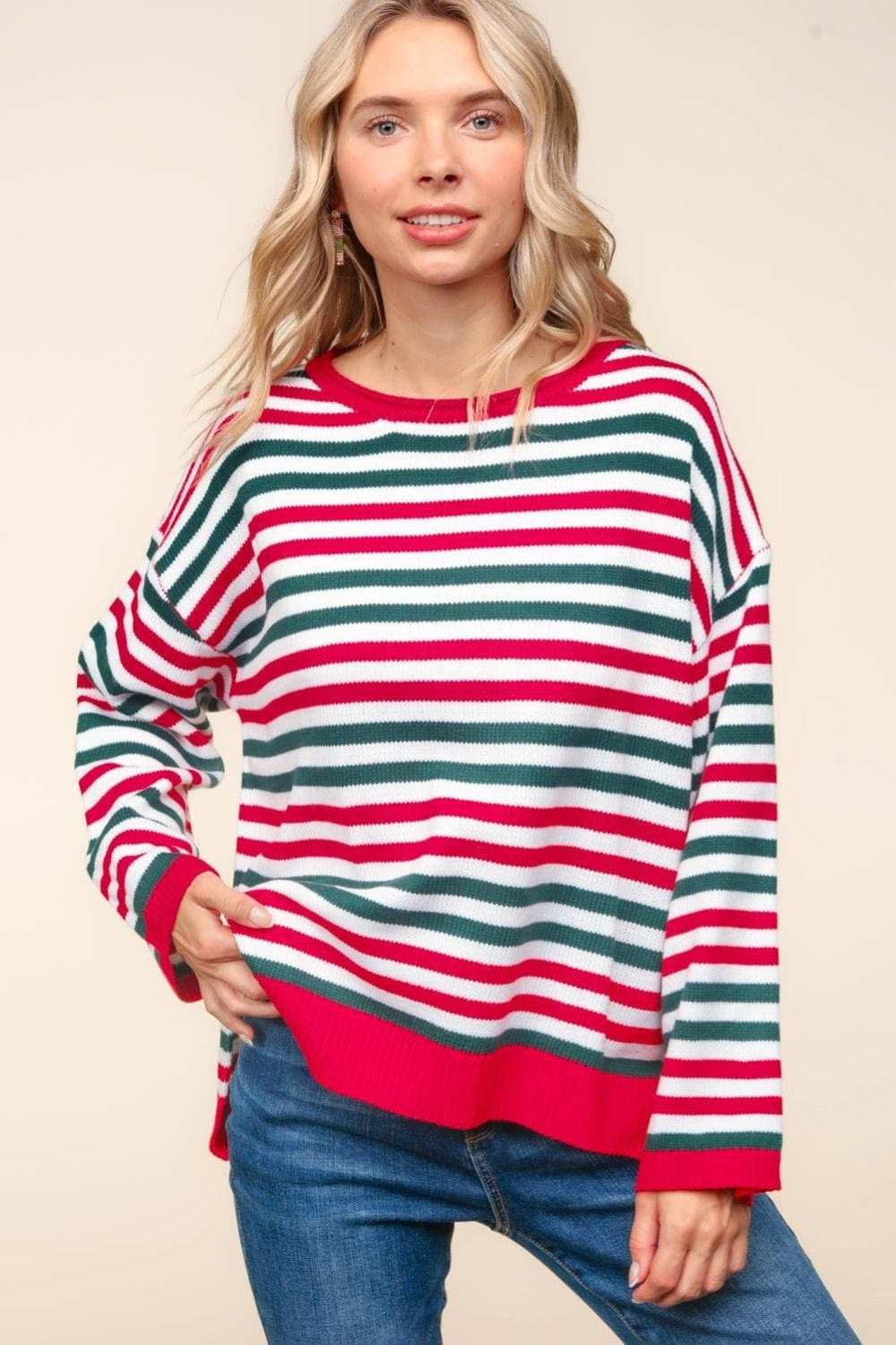 Haptics Full Size Striped Contrast Side Slit Knit Top - Trendsi - Flyclothing LLC